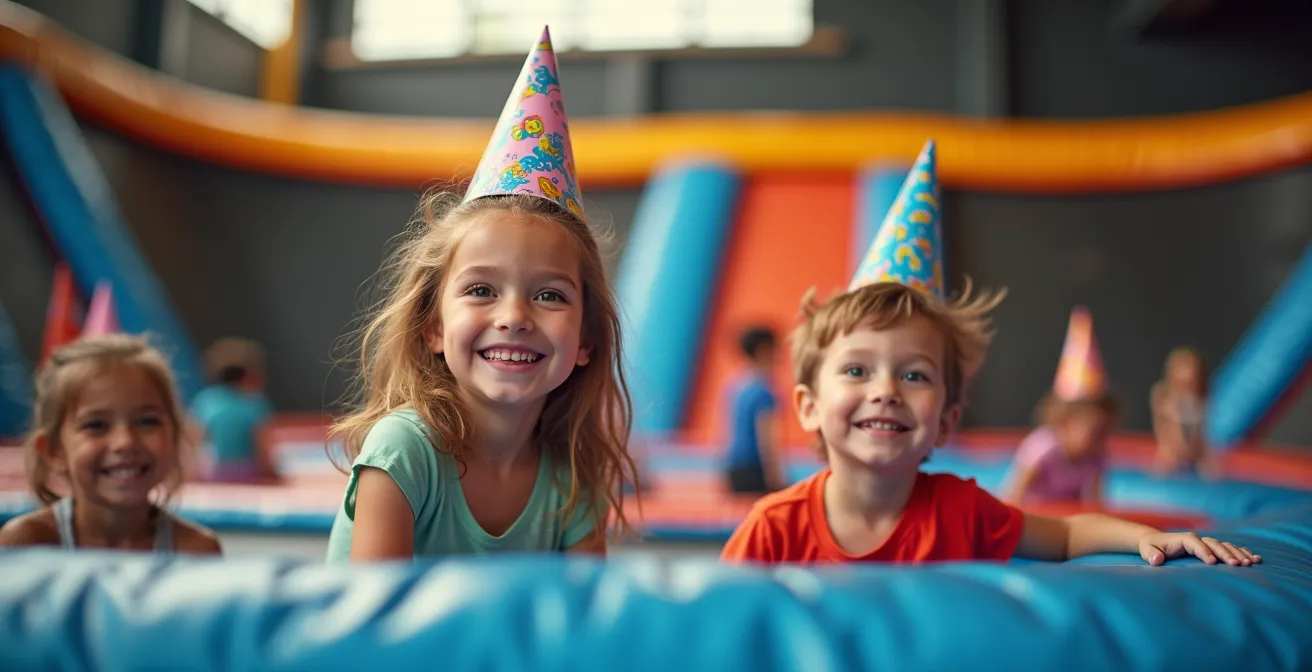 Photo d'enfants en pleine animation thématique dans un trampoline park avec couleurs vives et lumière naturelle