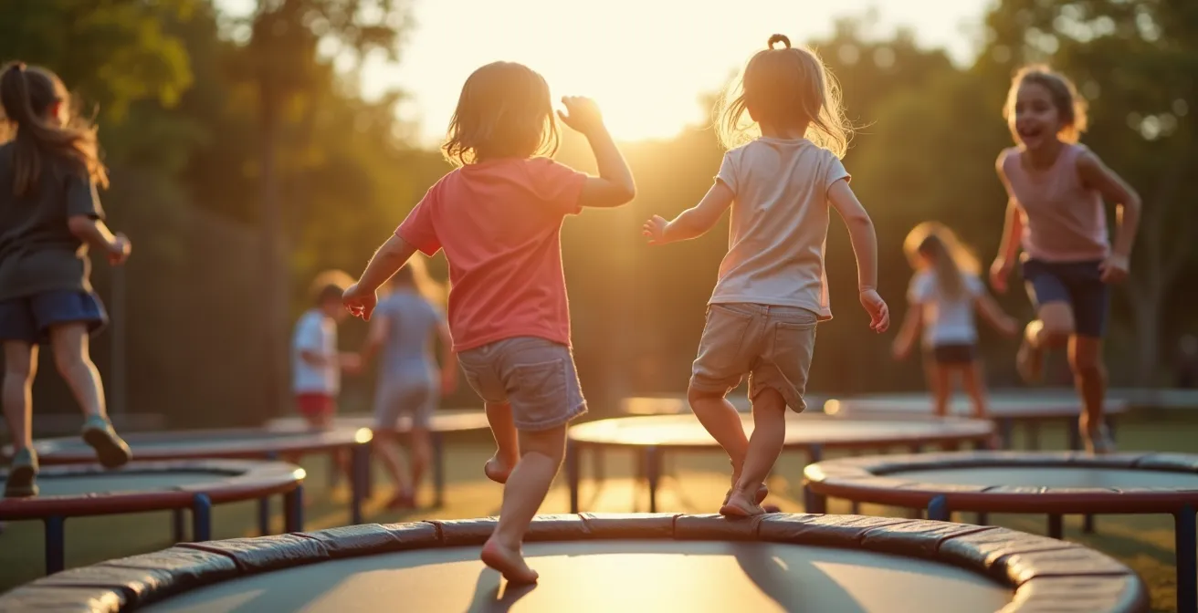 Photographie d'enfants interagissant joyeusement dans un trampoline park, lumière naturelle douce