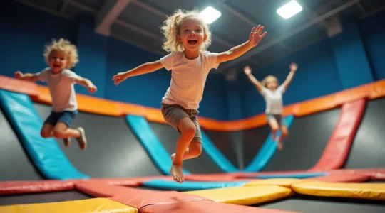 Photographie réaliste d'enfants joyeux sautant sur des trampolines dans un parc coloré avec un éclairage cinématographique naturel