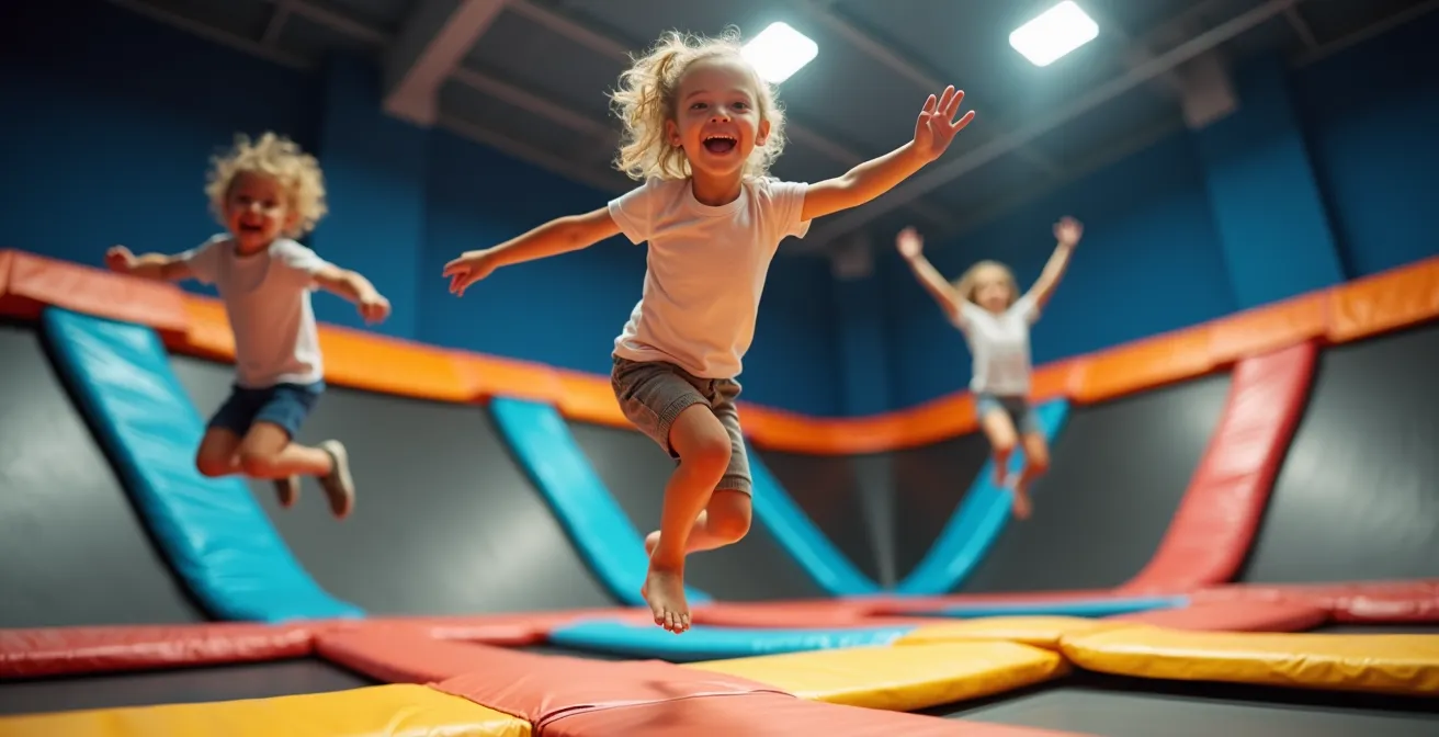 Photographie réaliste d'enfants joyeux sautant sur des trampolines dans un parc coloré avec un éclairage cinématographique naturel