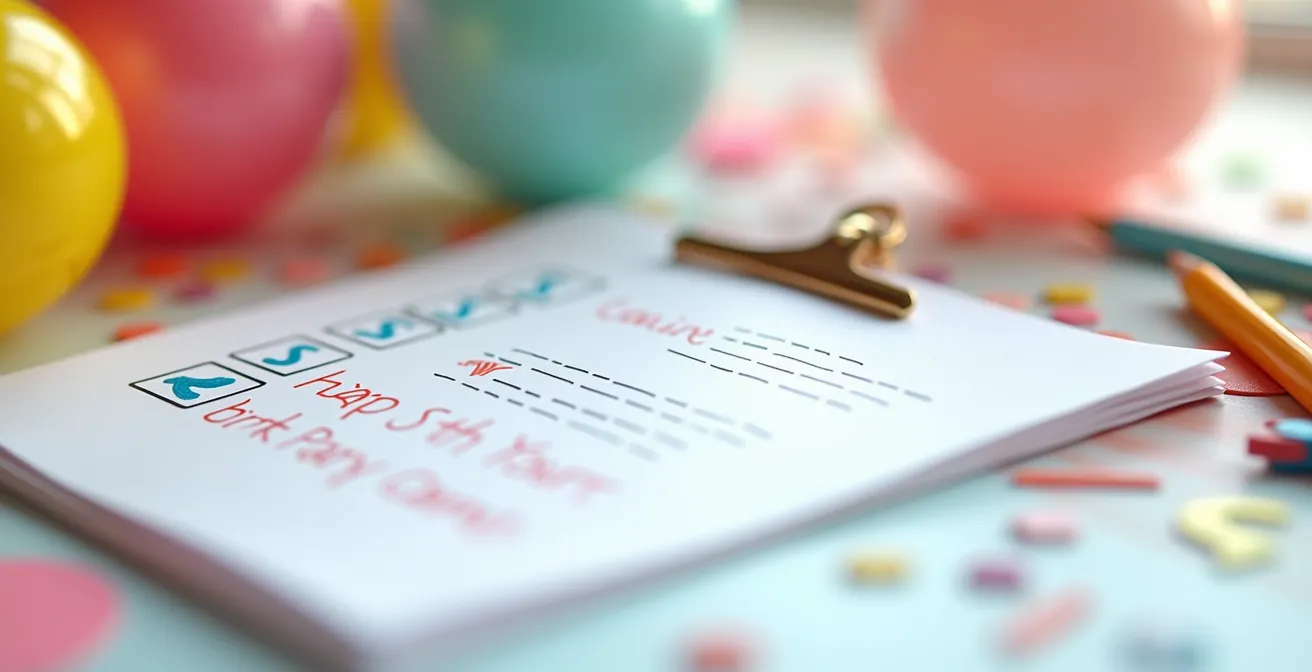 Photographie d'une checklist organisée pour un anniversaire trampoline avec décorations et matériel prêt