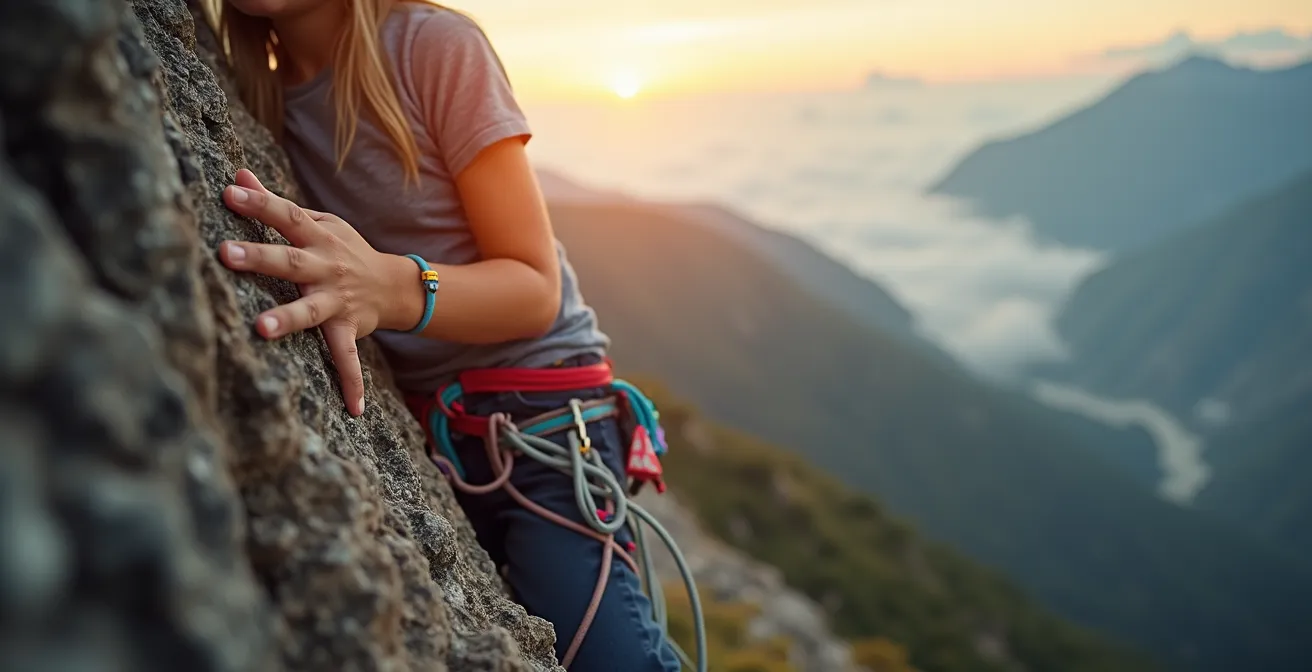 Enfant surmontant un défi d'escalade en montagne avec détermination