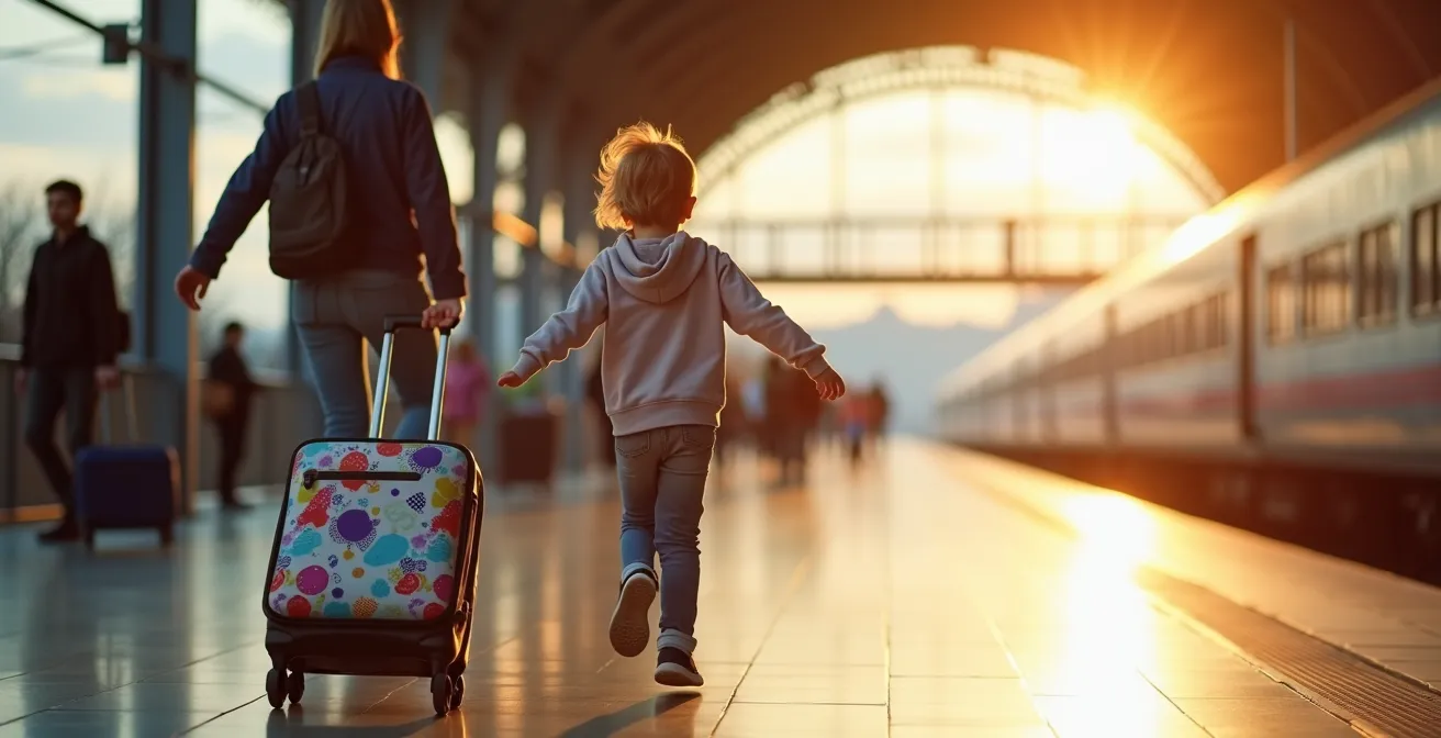 Moment de retrouvailles entre un enfant et ses parents à son retour de colonie