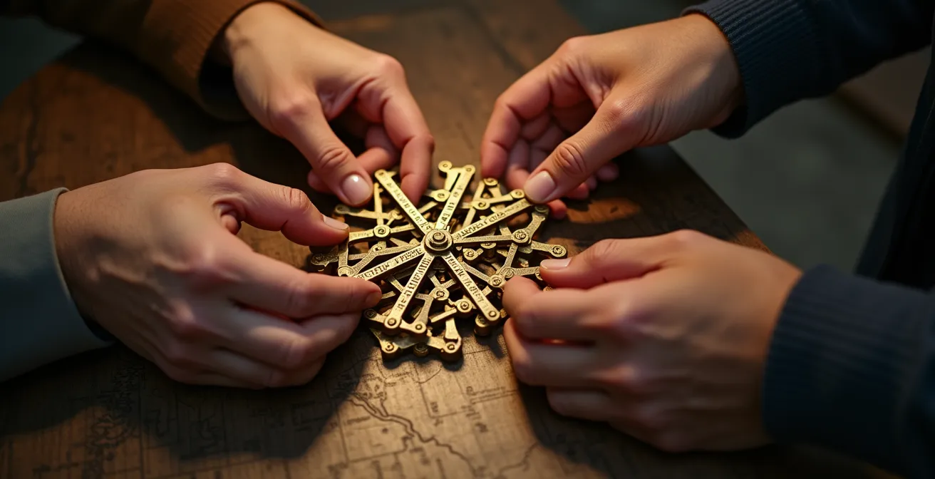 Participants actifs résolvant ensemble une énigme mécanique dans un escape game