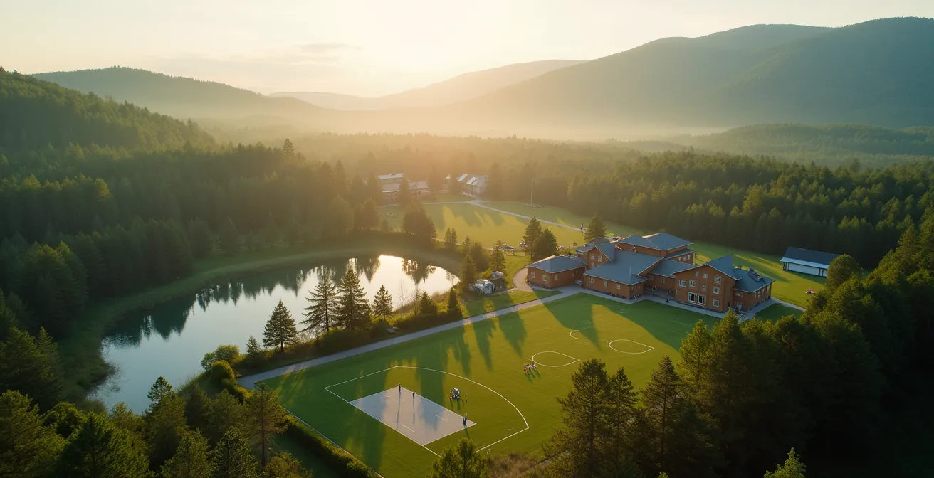 Vue panoramique d'un centre de vacances avec différents espaces d'activités