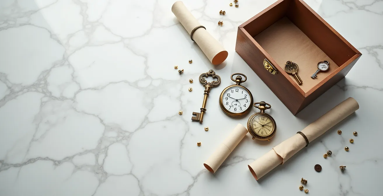 Vue d'ensemble d'éléments de préparation d'escape game disposés avec soin