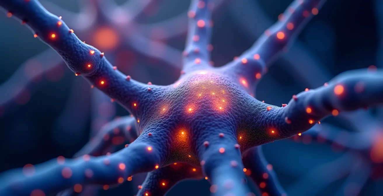 Vue macro de connexions neuronales illuminées et actives dans un cerveau
