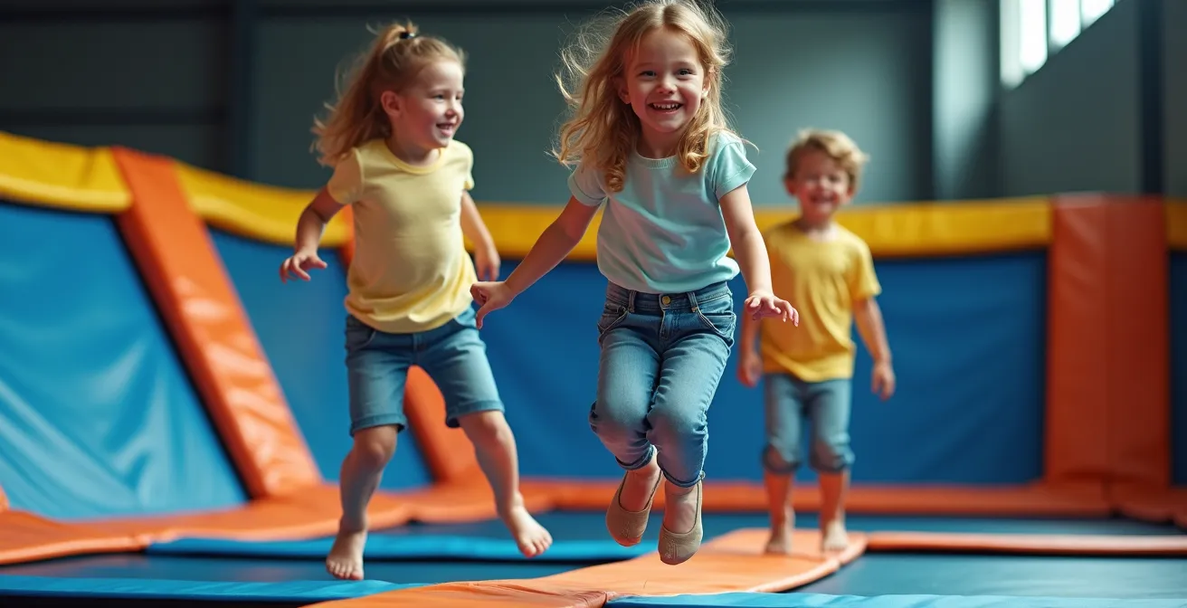 Groupe d'enfants en interaction dynamique sur des trampolines dans un parc