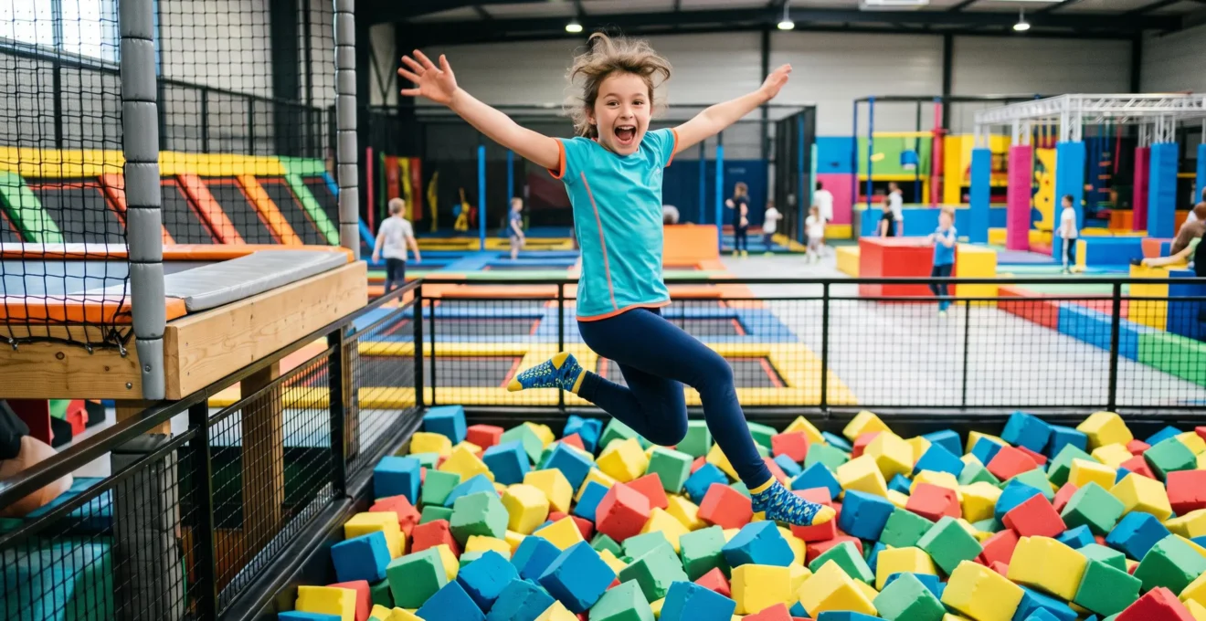 Enfant sautant dans une fosse à mousse remplie de cubes colorés dans un trampoline park