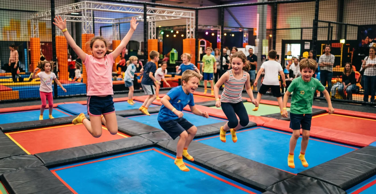Groupe d'enfants sautant sur des trampolines interconnectés dans un parc de trampoline indoor
