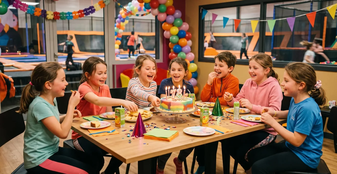 Groupe d'enfants réunis autour d'une table pour le goûter d'anniversaire dans la salle dédiée du trampoline park