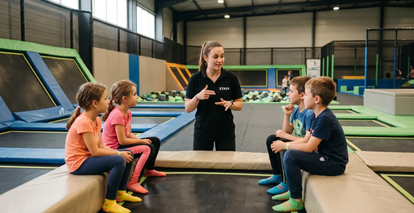 Moniteur de trampoline park expliquant les règles de sécurité à un groupe d'enfants assis