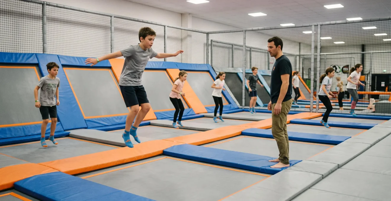 Des enfants sautent sur les trampolines d'un parc couvert tandis qu'un surveillant observe depuis le bord de la zone de jeux.