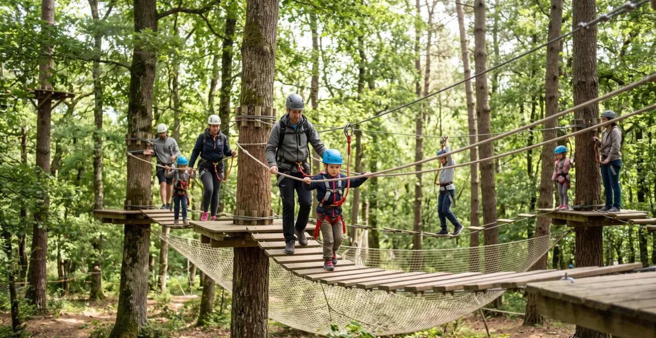 Un groupe d'enfants et d'adultes traverse un parcours accrobranche entre les arbres, harnais et casques de sécurité, dans un parc français.