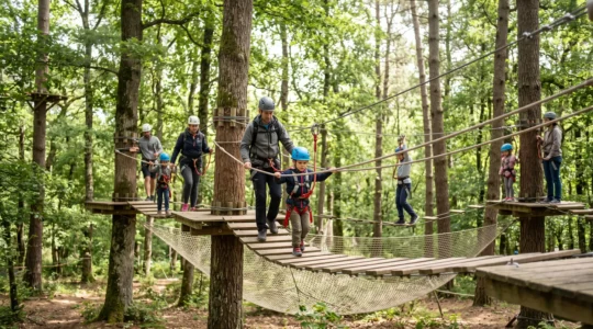 Un groupe d'enfants et d'adultes traverse un parcours accrobranche entre les arbres, harnais et casques de sécurité, dans un parc français.